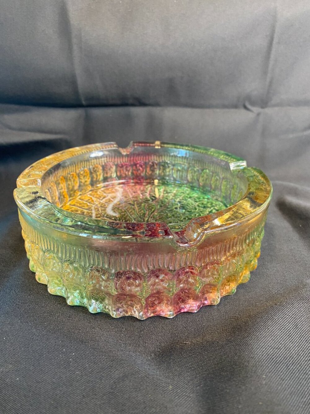 Modern Rainbow Prism Iridescent Heavy Leaf Pattern Art Glass Ashtray